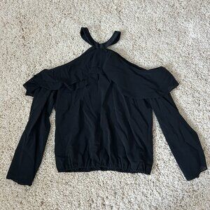 Alice + Olivia Black Silk Chiffon Off-The-Shoulder Top